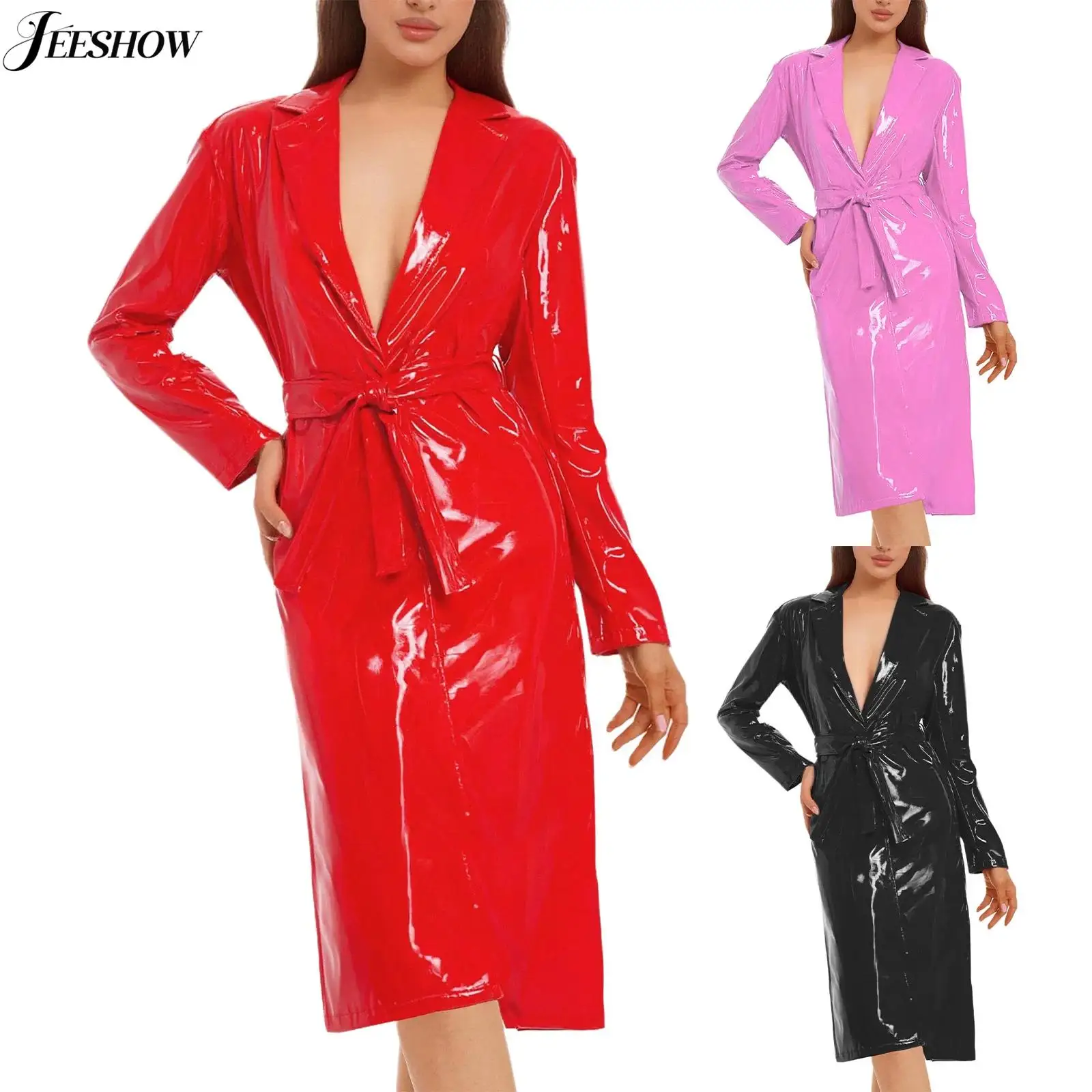 Womens Faux Leather Long Trench Coat Wet Look PU Leather Notched Lapel Open Front Long Sleeve Blazer Jacket Overcoat Outerwear