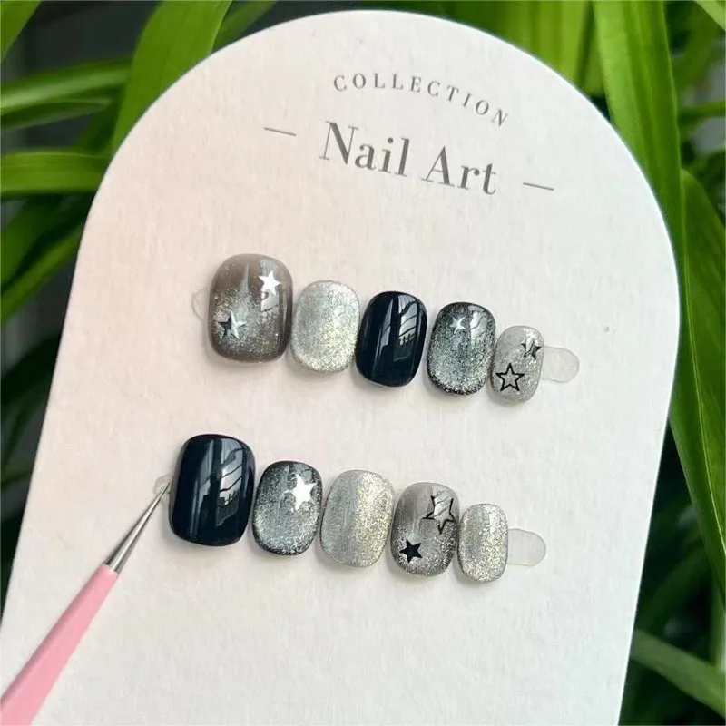 

10pcs Handmade Black Star Press on Nails 2025 Cat Eye Short Nail Tips High Quality Prosthetic Nail Set False Nails Press on 2025