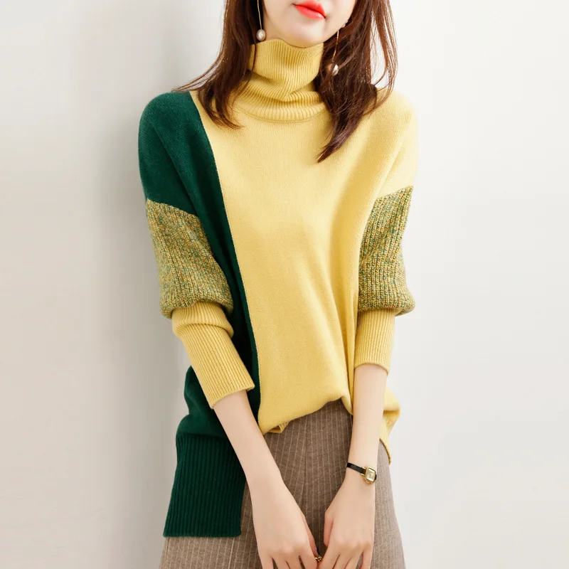 High-necked Female Pullover Jumper Contrasting Color Sweater Women's Loose Autumn Winter New Lazy Knitted Top Bottoming Shirt