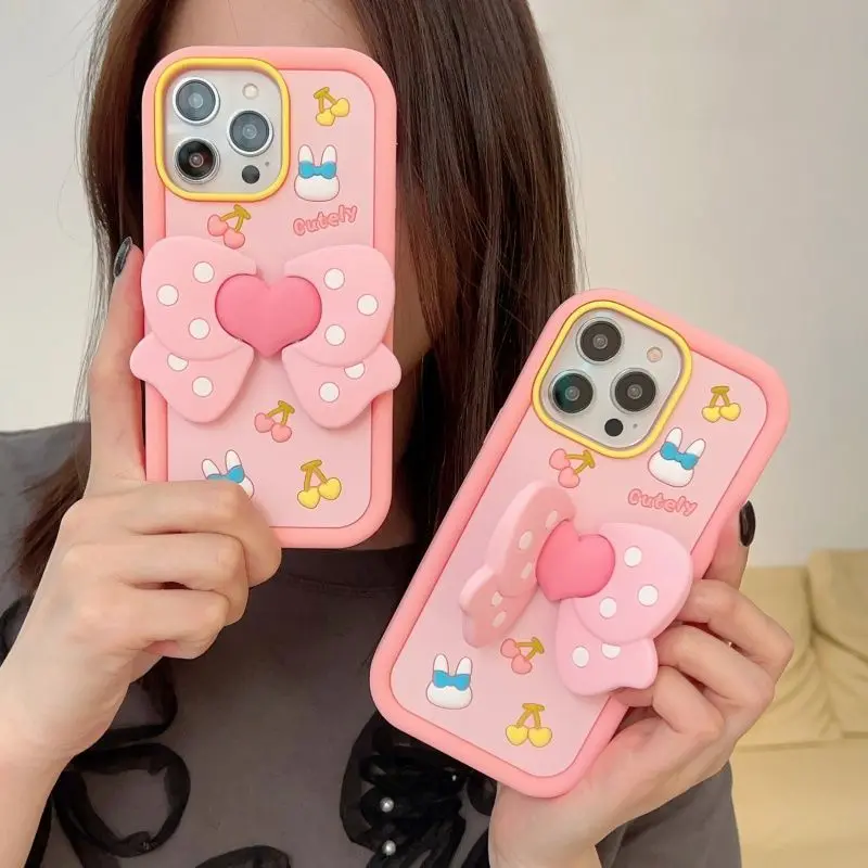 

Корейский чехол для телефона Ins Pink Love Bow для iPhone 16E 15 14 13 12 11 Pro XS Max с защитой от падения, все включено, чехол