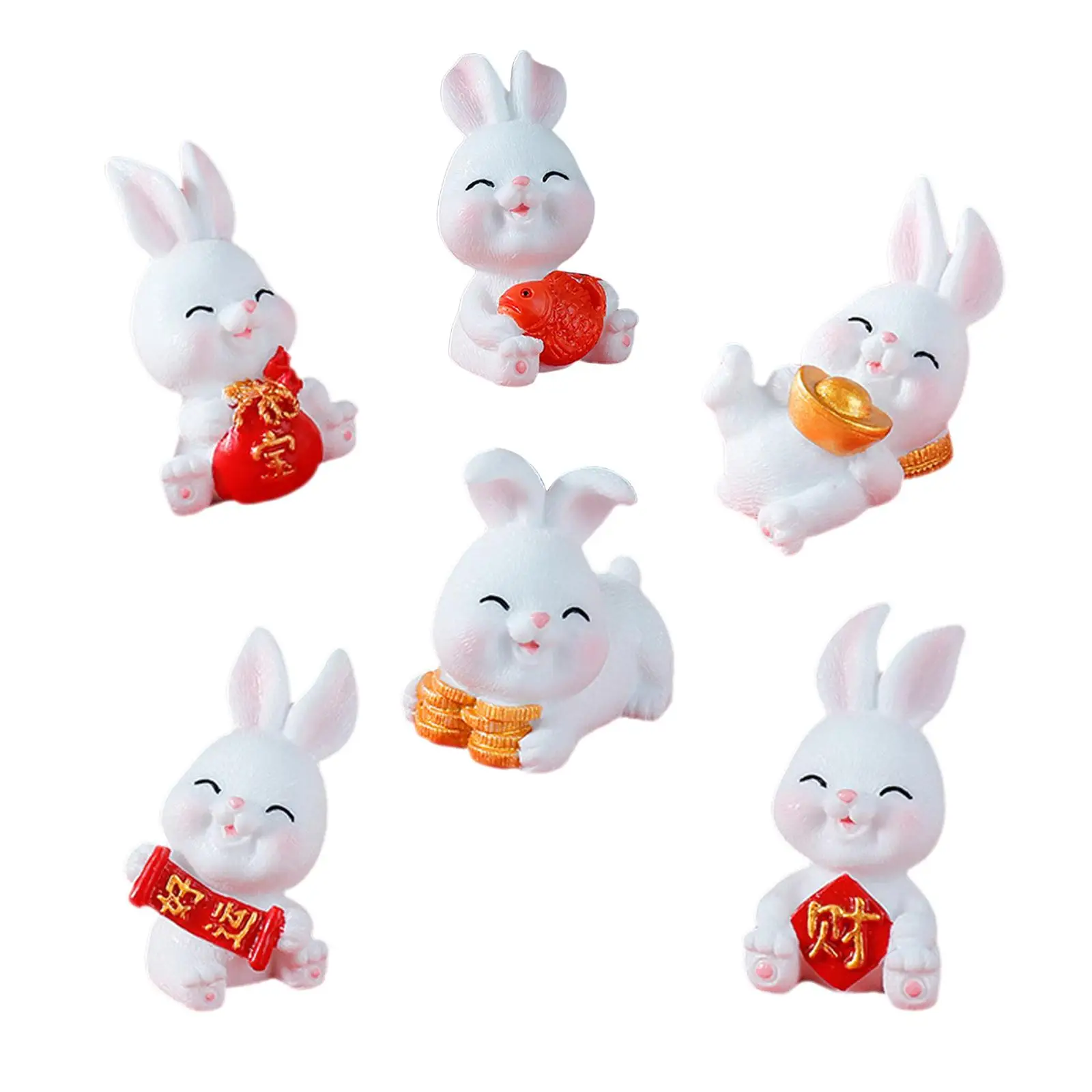 6Pcs Mini Bunny Figurines Year of Rabbit Bunny Statue Resin Crafts for Car Dashboard Cake Topper Chinese New Year Festive Decor