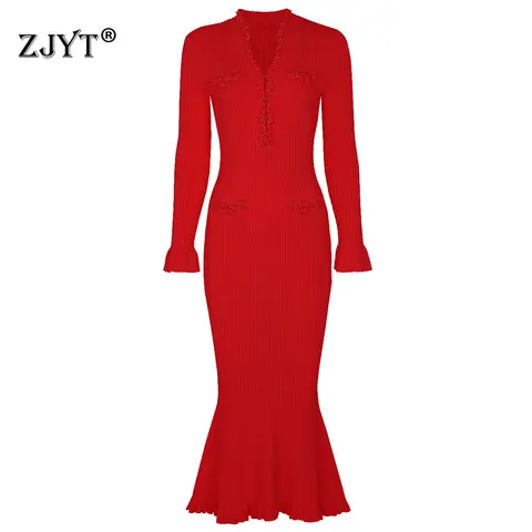 ZJYT Autumn Winter Luxury Beading Mermaid Knitting Sweater Dresses Women Flare V Neck Midi Evening Party Dress Red Black Vestido