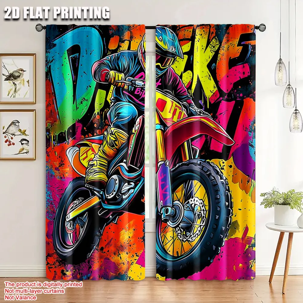2pcs 2D flat printing Window Curtains Men's motorcycle Versatile Durable Polyester Without Electricity Family Party Decoration