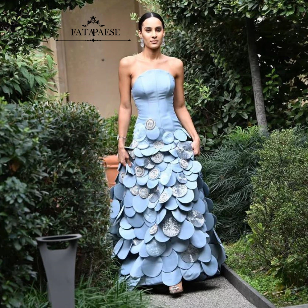 

FATAPAESE Customized Arabic Dubai Luxury Evening Dresses Beads Circle Tiered Party Dress for Wedding Blue Satin Prom Dresses