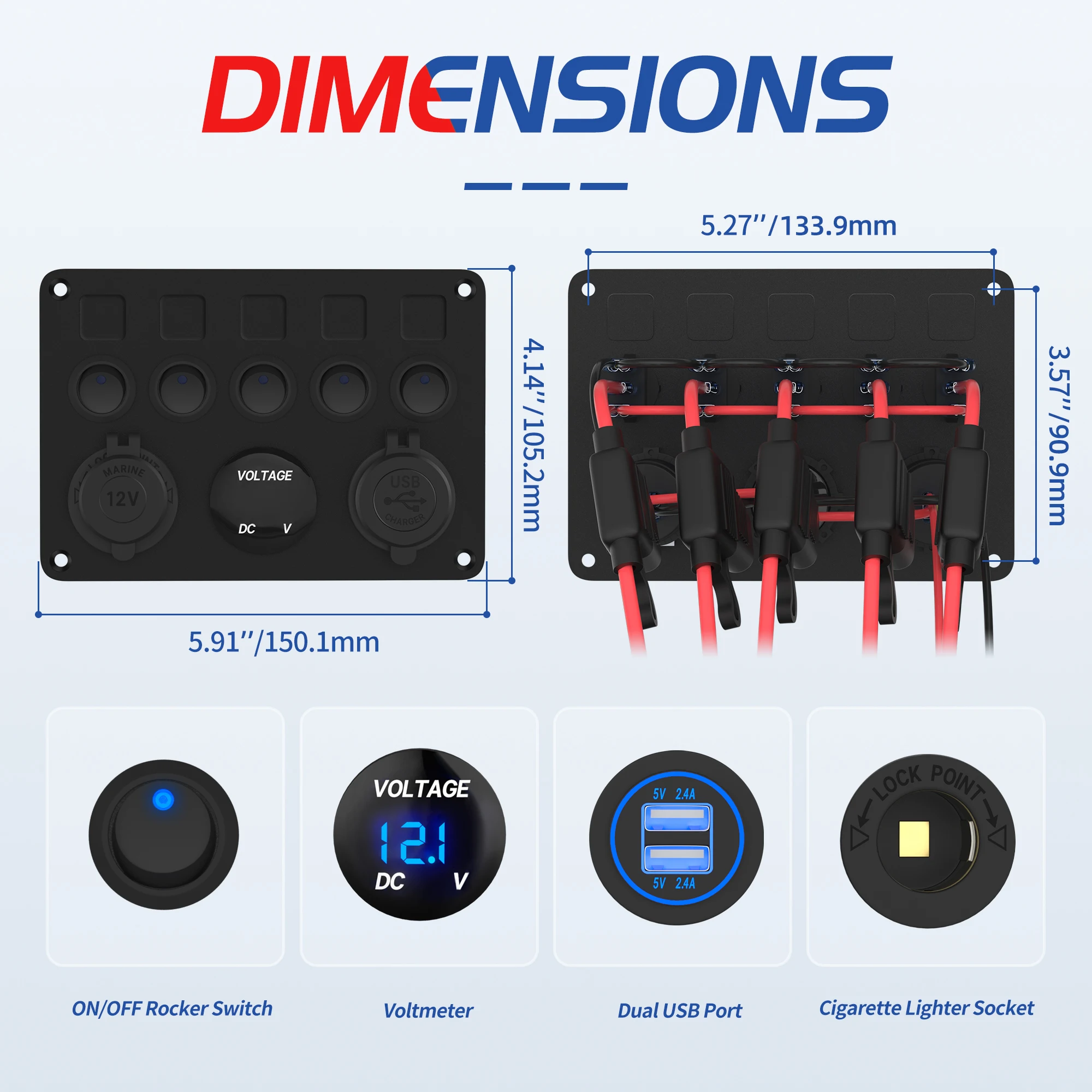 DaierTek 5 Gang Boat Switch Panel Waterproof Car Switch Panel 2.4A Dual USB Port 12V Outlet Digital Voltmeter Blue LED For Auto