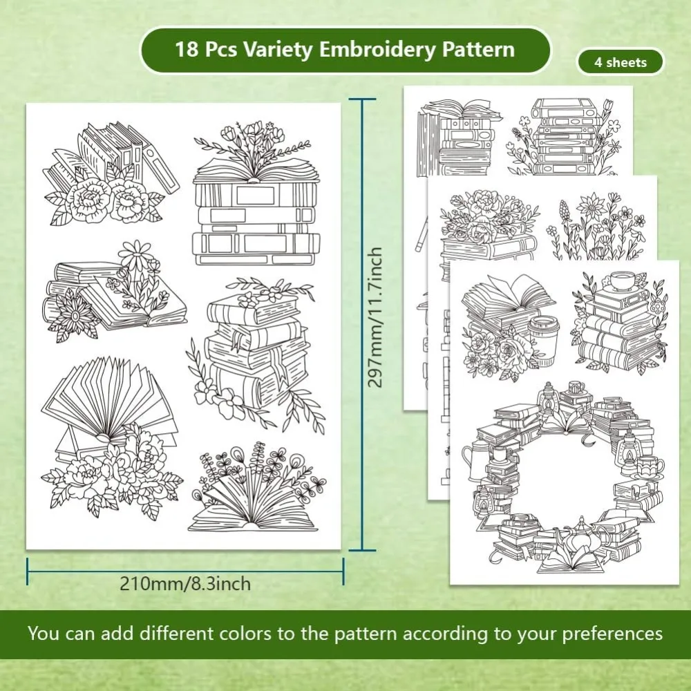 4 Sheets 18PCS Stick and Stitch Embroidery Paper Books and Flower Theme Stabilizer Water Soluble Hand Sewing making kit