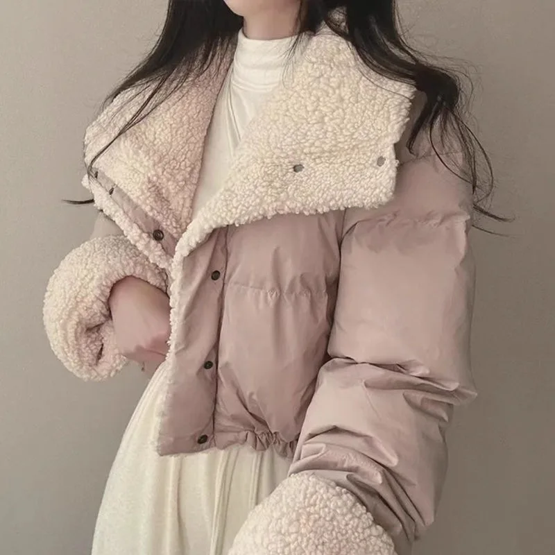 Women's Korean Style Faux Shearling Short Lapel Coat - Winter Loose Reversible Puffer Jacket Cotton Outerwear