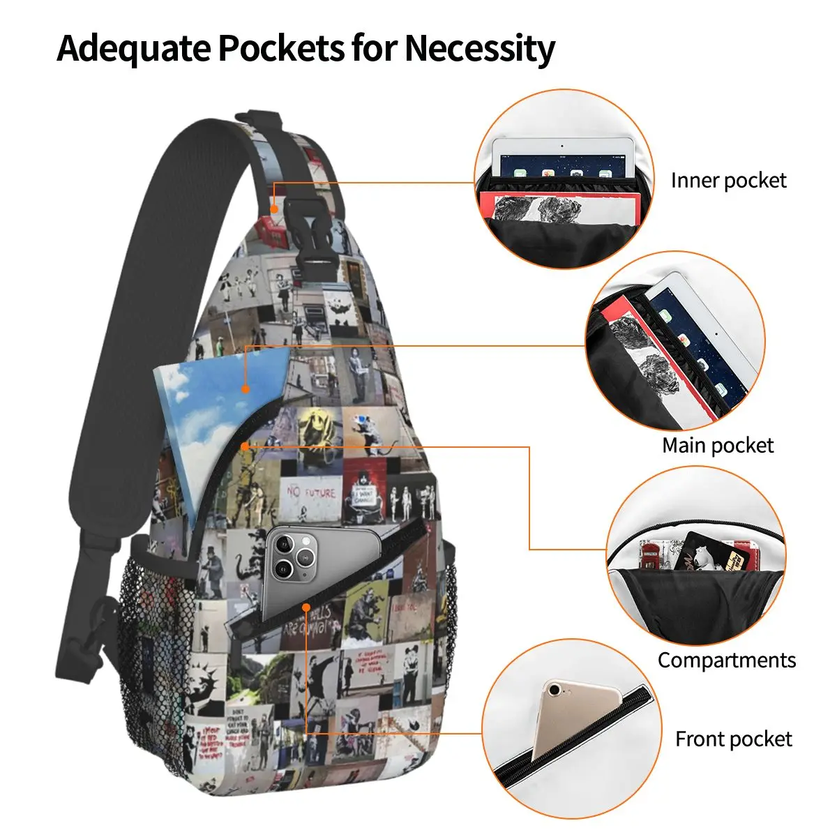 Banksy Chest Bag Men Sling Crossbody Backpack Chest Bag Traveling Hiking Daypack Shoulder Bag