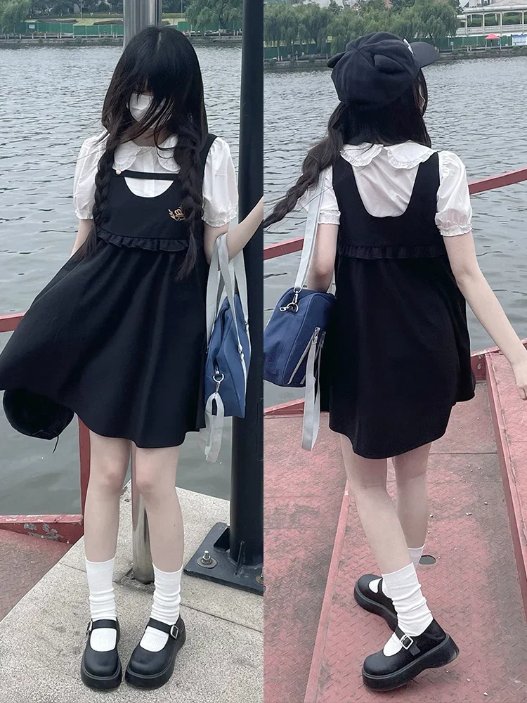 Japanese Sweet Preppy Style Doll Collar Puff Sleeve White Inner Shirt Embroidery Loose Waist A-line Dress Two Piece Set Women