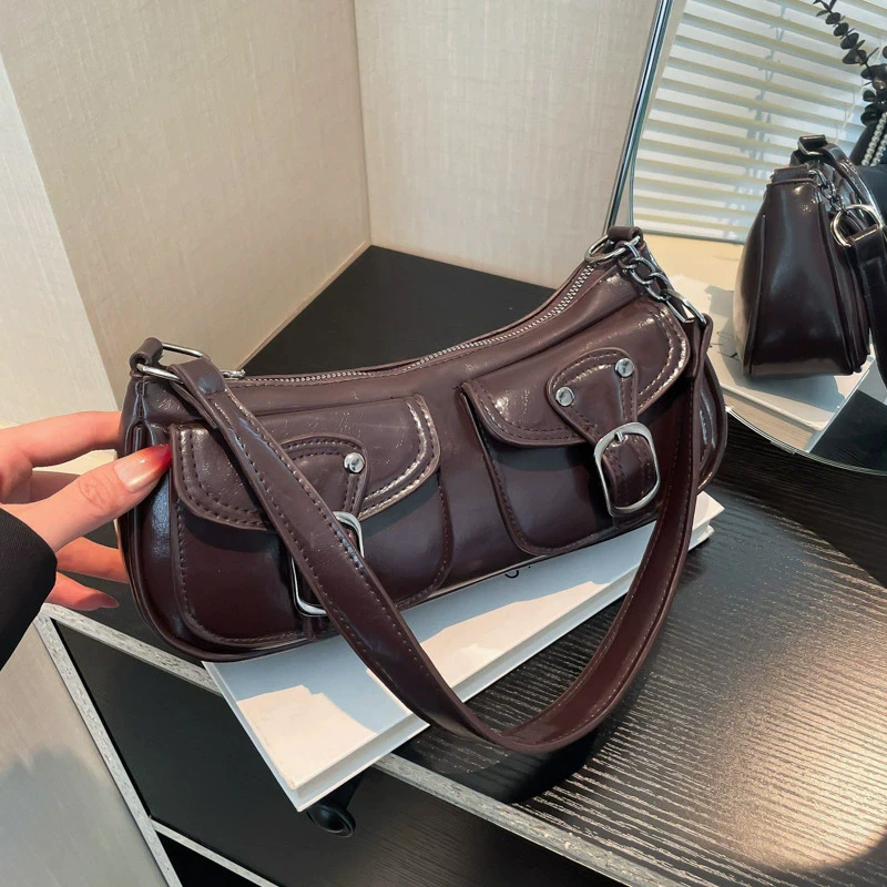 Vintage Schnallen-Dekor Damen Schultertaschen Retro PU-Leder Halbmondtasche Tägliche Pendler-Handtasche für Dates und Partys – Detail 16