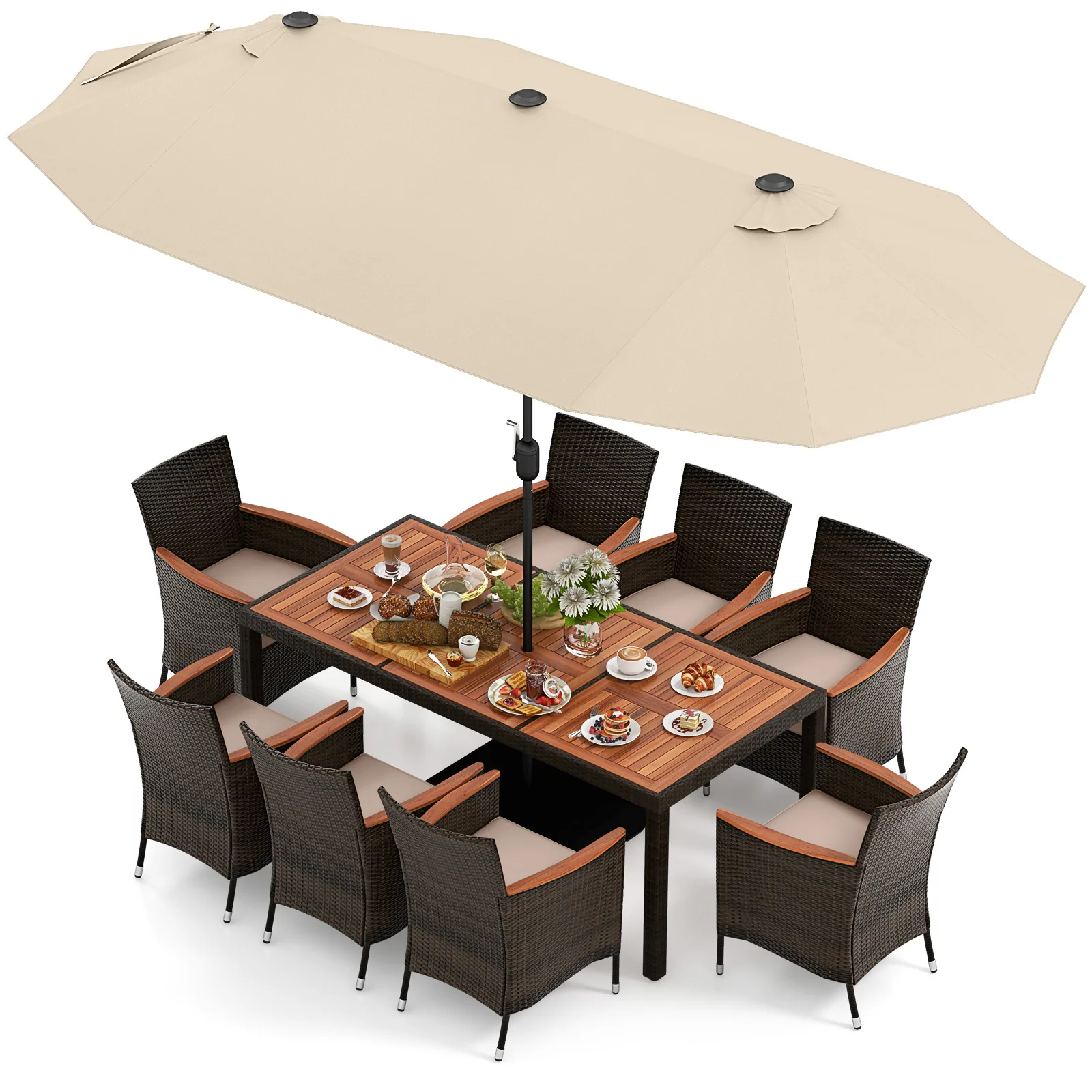 Vime Jantar Set com Double-Sided Umbrella, Pátio Vime, Cadeiras Empilháveis, 9 PCs