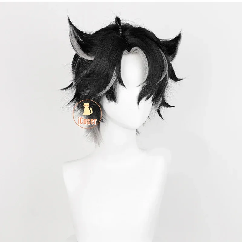 

2025 ♥ New Wriothesley Cosplay Wig Genshin Impact Black Gray Short Hair Earrings Fontaine Fortress of Meropide Halloween Part ☆★