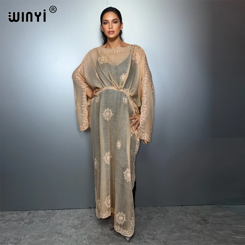 WINYI muslimische Frau Kleider lange Daunen-Kaftan-Partykleid Perspektive besticktes Kleid Weibliche Urlaub Abaya Dubai Luxus-Kaftan
