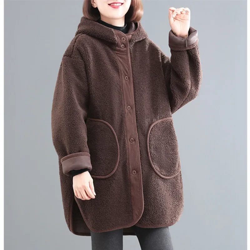 EWQR Winter New Korean Loose Lamb Wool Coat Women's Thicken Cotton Jacket Ladies Hooded Coat Female Warm Long Parkas Overcoat