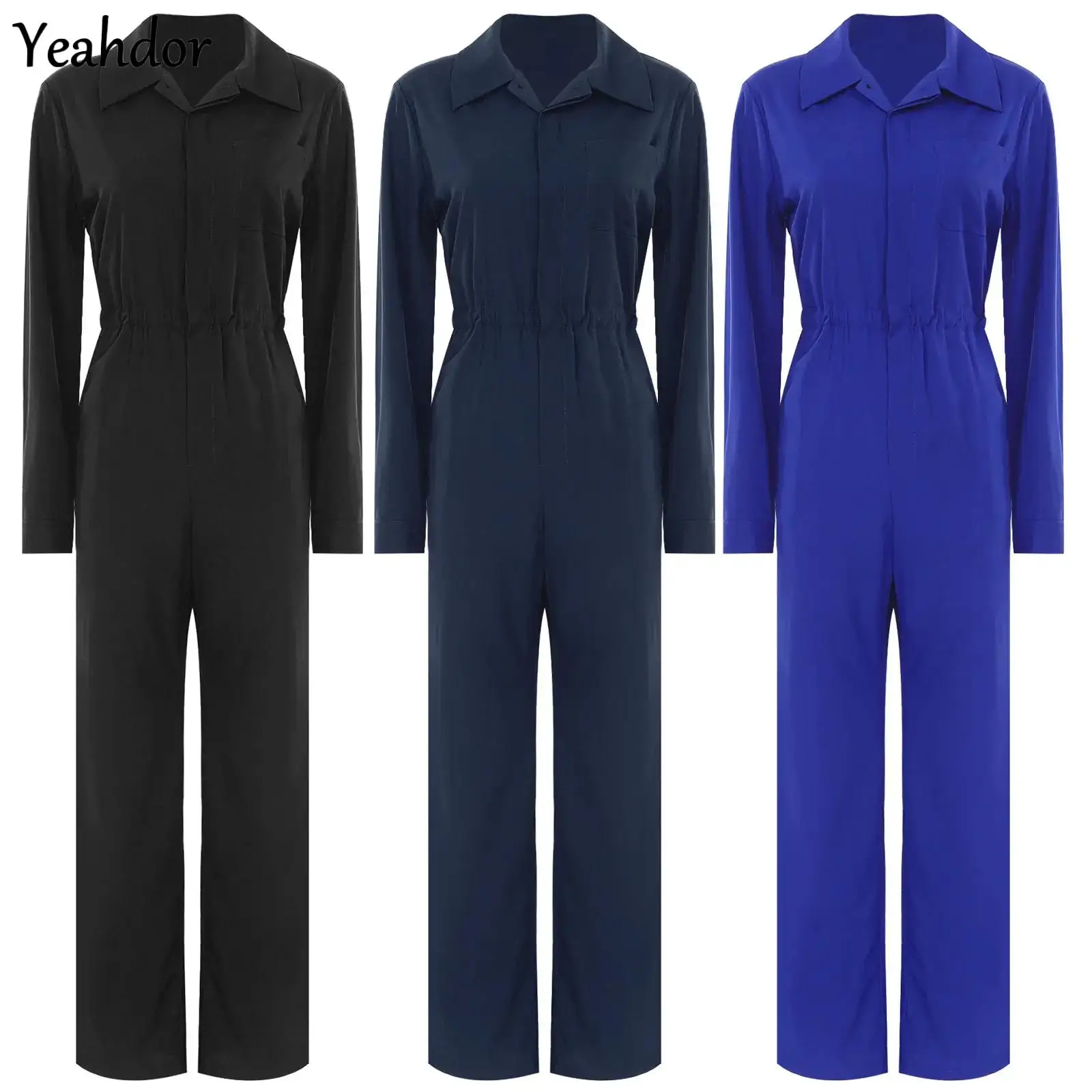 

Womens Fashion Casual Jumpsuit Coverall Solid Color Long Sleeve Turn-Down Collar Button Romper Overalls Jumpsuit Workers Uniform