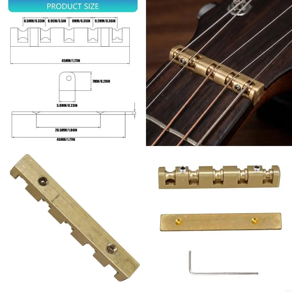 High Quality Brass Roller Nut for Bass Guitars Featuring Adjustable Screw Height Enhances Sustain Includes Base Plate Tool