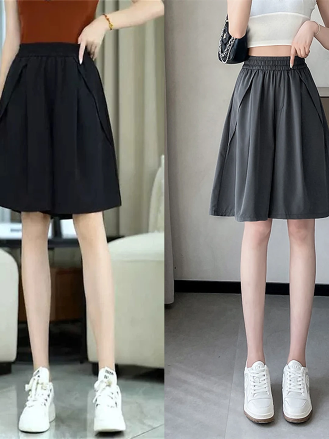 

High Waist Wide Leg Ice Silk Shorts Women's Summer Casual Loose Five-Quarter Pants Korean Style Commute Wind Pocket Design