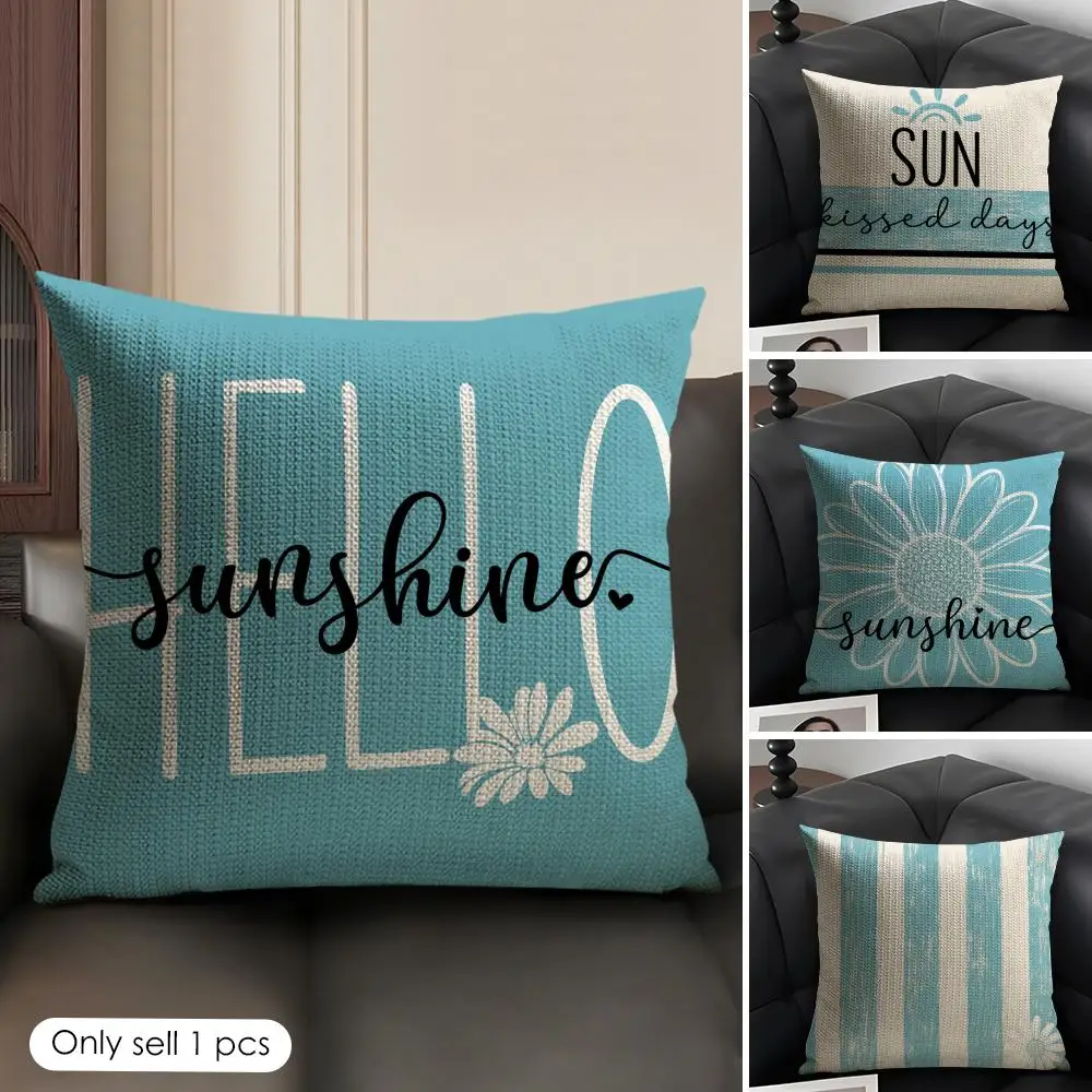 Blue Summer Daisy Art Cushion Cover Natural Linen Organic Fabric Double-Sided Printing Breathable Perfect Gift For Decor