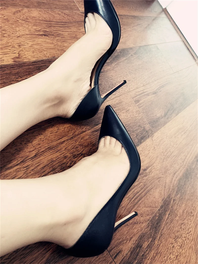 Super exposed cleavage sexy stiletto pointed toe 8cm 10cm 12cm high heels spring summer handmade cozy women pumps QKOU017