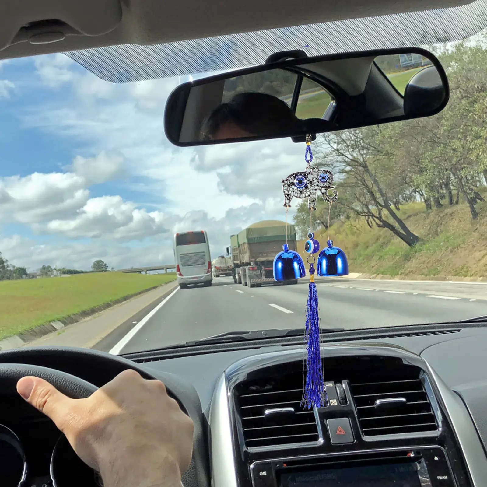 Blue Eye Metal Car Hanging Ornament with Tassel Wind Chime Feng Shui Evil Eye Charm for Rearview Mirror Car Interior Decor