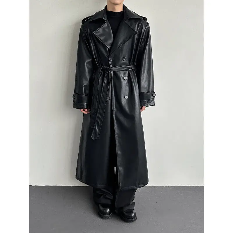 

Весенняя модная городская мужская длинная куртка из искусственной кожи с двойным рядом пуговиц, трендовым дизайном с завязками на талии, водонепроницаемая, теплая, приталенная