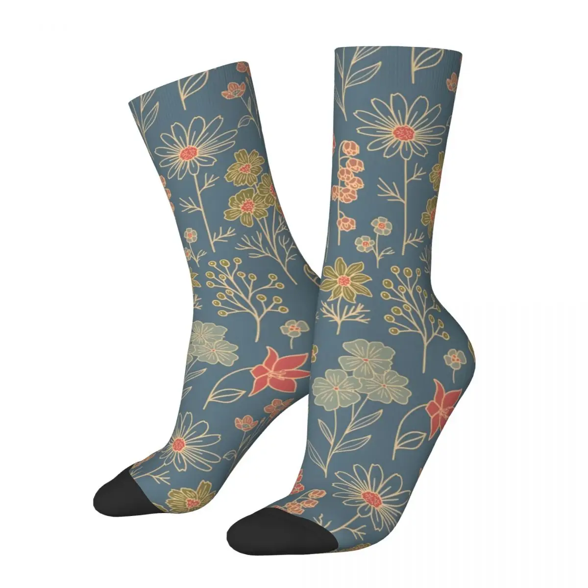 Modern Denim Blue & Coral Floral Sock for Men Hip Hop Vintage Happy Quality Pattern Printed Boys Crew Sock Casual Gift