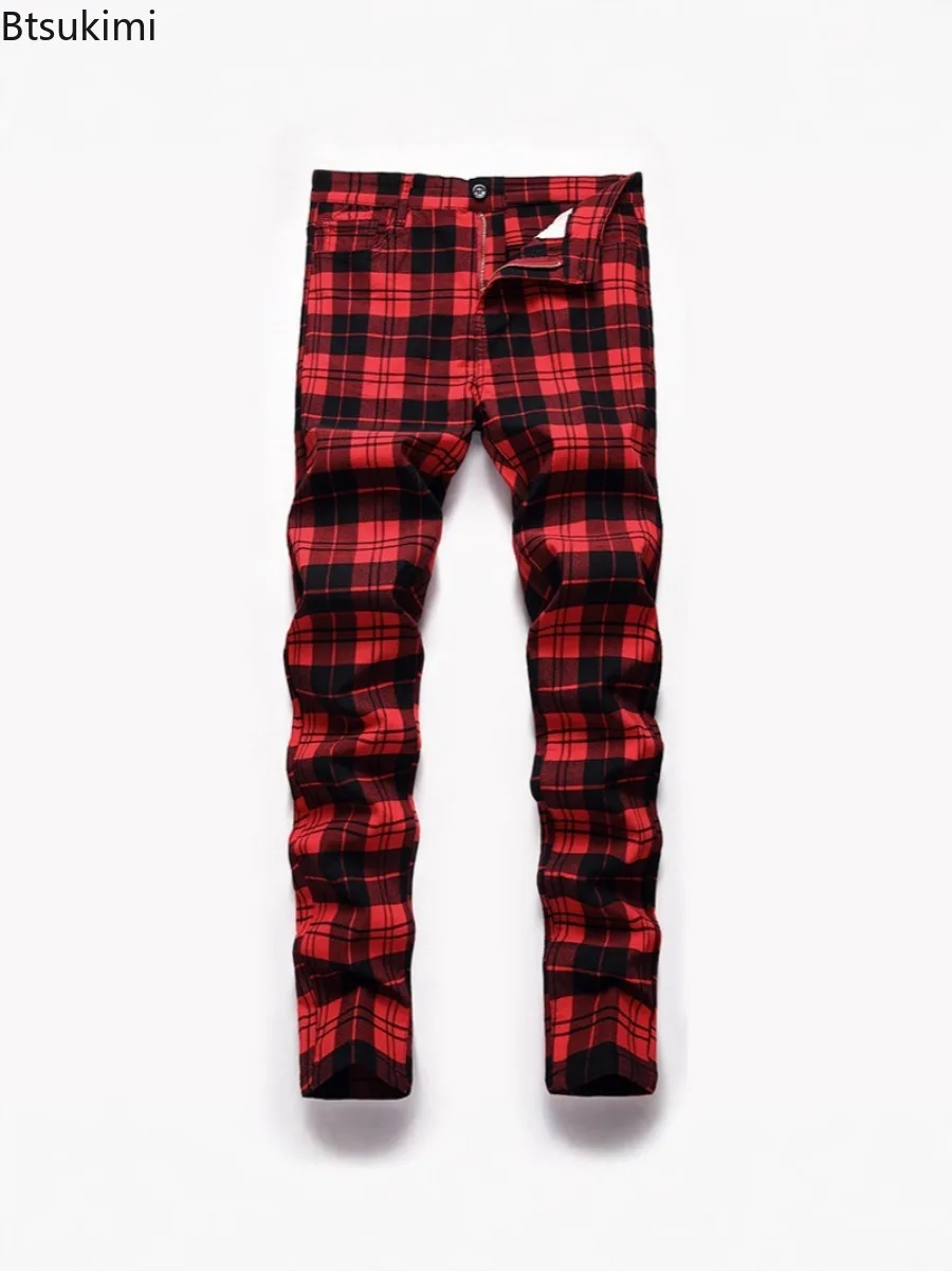 2026 New Men's Casual Plaid Pants Fashion High Stretch Slim Straight Leg Trousers Men Business Social All-match Small Feet Pants