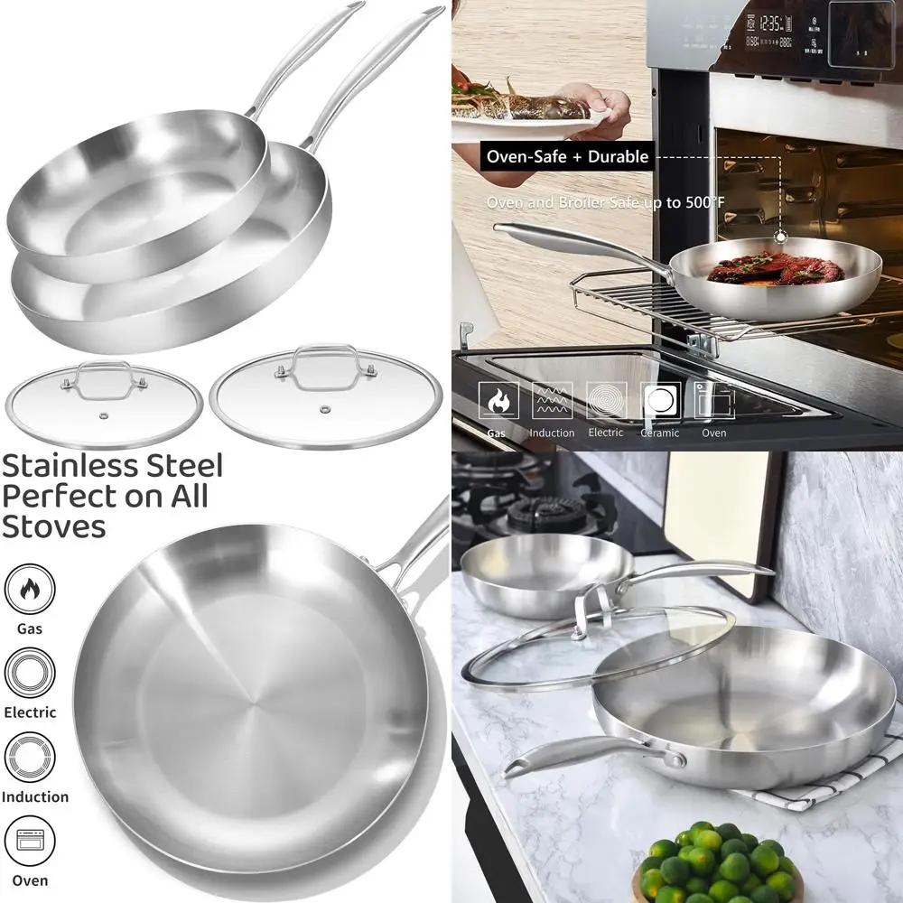 

Набор трехслойных сковородок из нержавеющей стали 10-12 дюймов с крышками, сковородой, готовым к индукции, безопасным для духовки и посудомоечной машине, съемными ручками