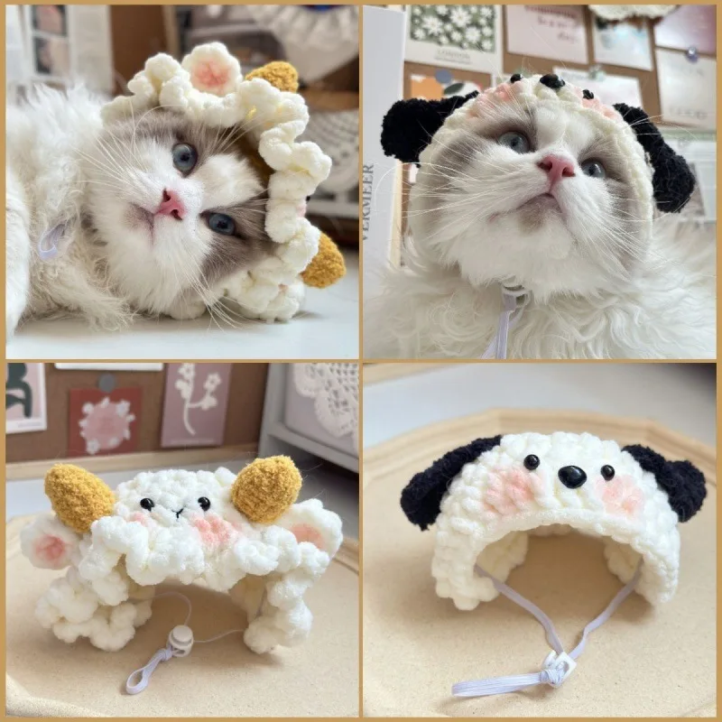 Cartoon Cute Cat Dog Costume Warm Sheep Hat Soft Knitted Plush Hood Headwear For Puppy Rabbit Kitten Small Dogs Small Animals