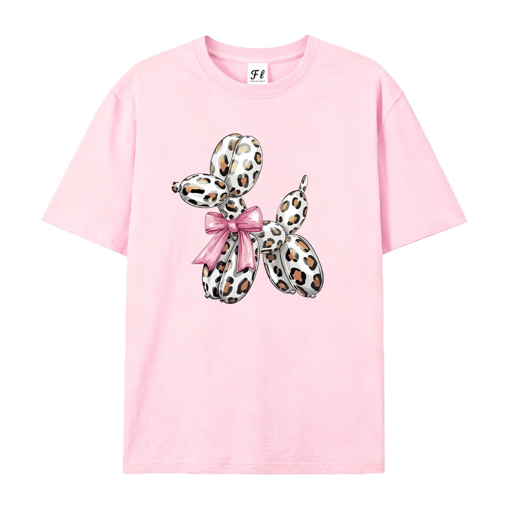 Women T Shirt Leopard Print Balloon Dog Pink Bow Coquette Vintage Short Sleeve Casual Fashion Top Gift
