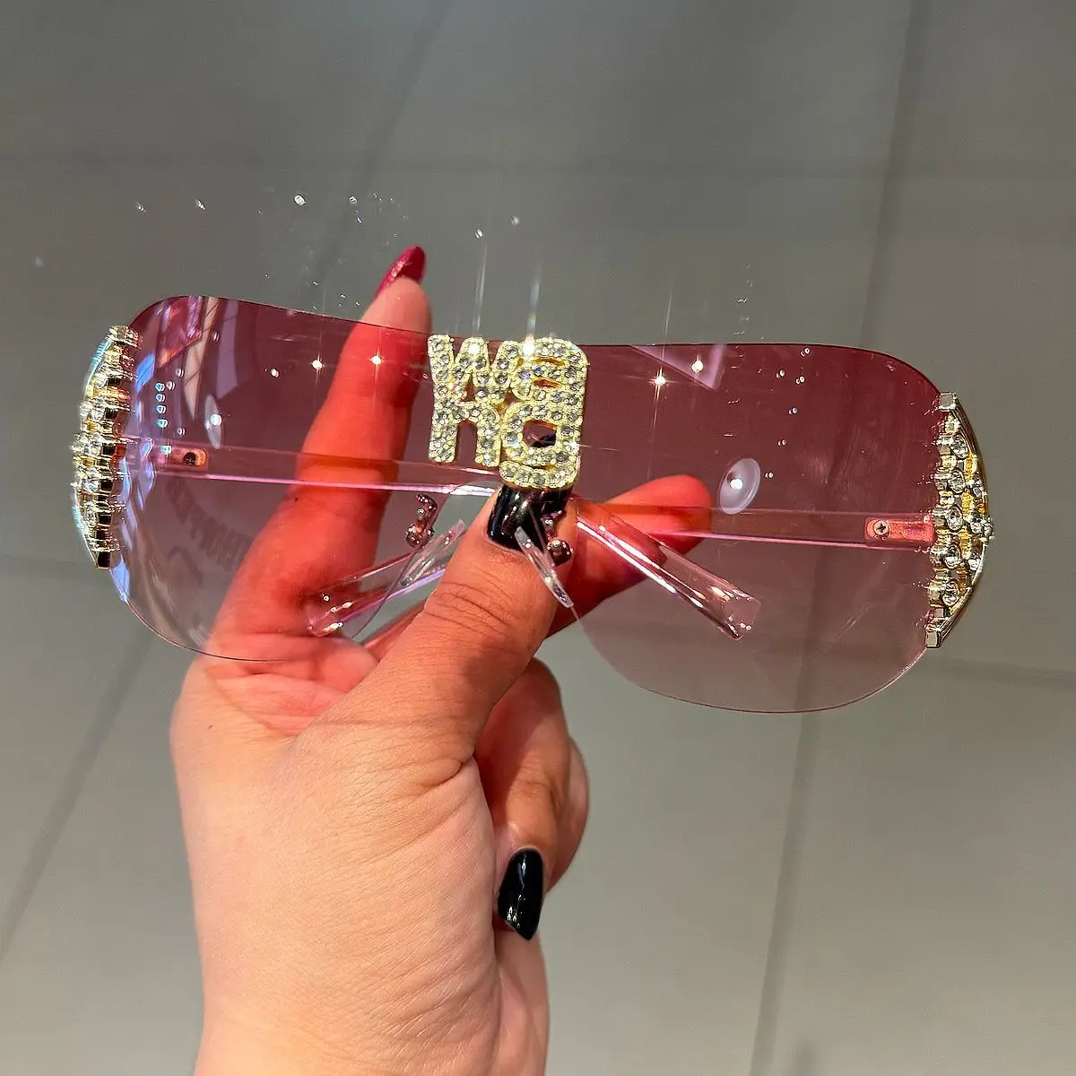 النظارات الشمسية النسائية الفاخرة y2k بدون شفة مع حجر الراين خطابات العلامة التجارية مصمم نظارات شمسية للخارجية UV400 هلالات دي سولي #3