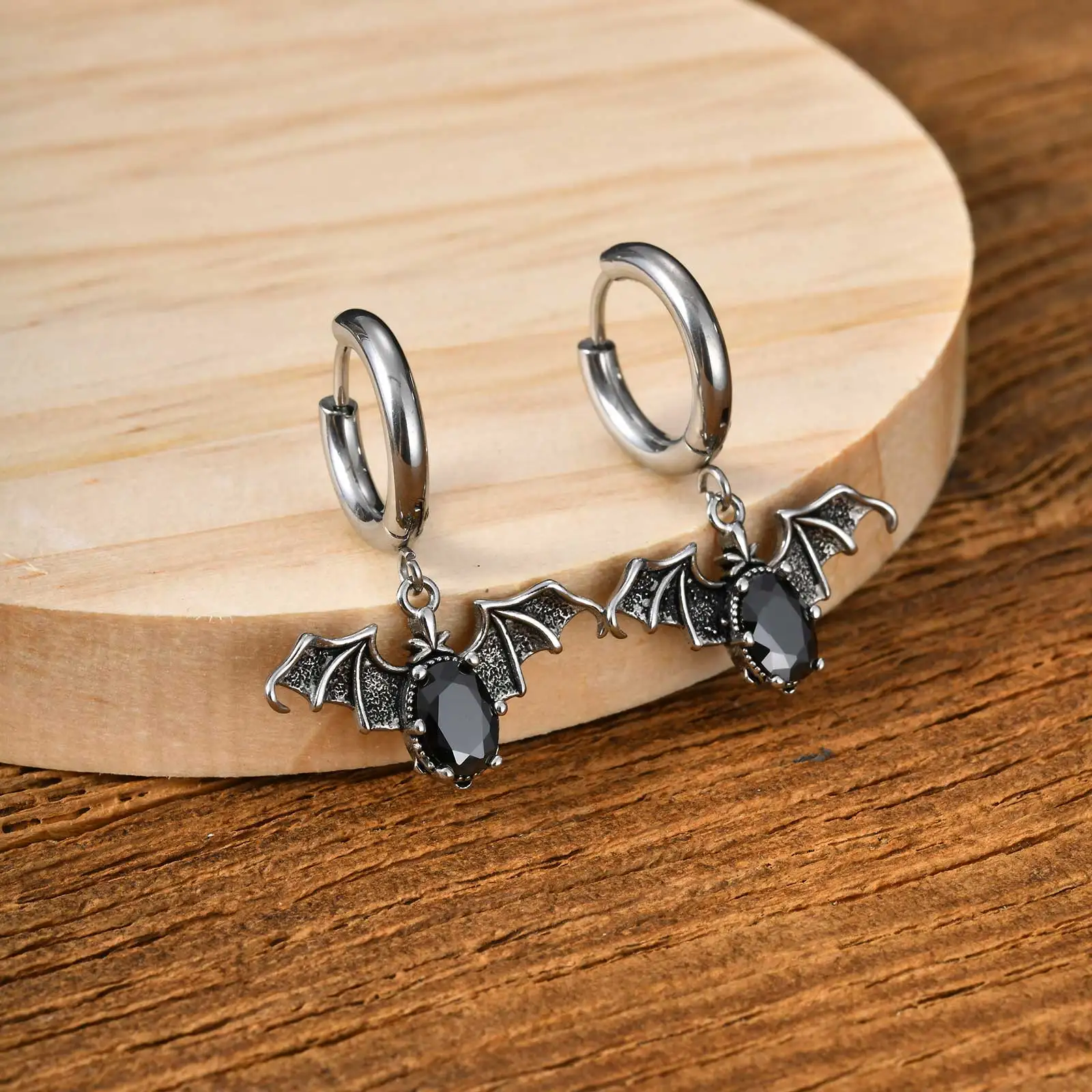 Vnox Gothic Vintage Moth Bat Hoop Earrings for Men, Stainless Steel Hypoallergenic Halloween Punk Jewelry Gift with Ear Piercing view 6