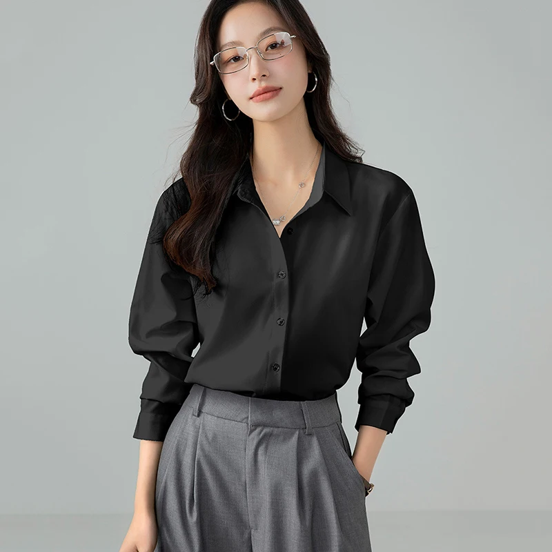 

Fashion Turn Down Collar OL Office Shirt Women Korean Loose Long Sleeve Solid Color Shirts Woman Elegant Button Up Blouse Ladies