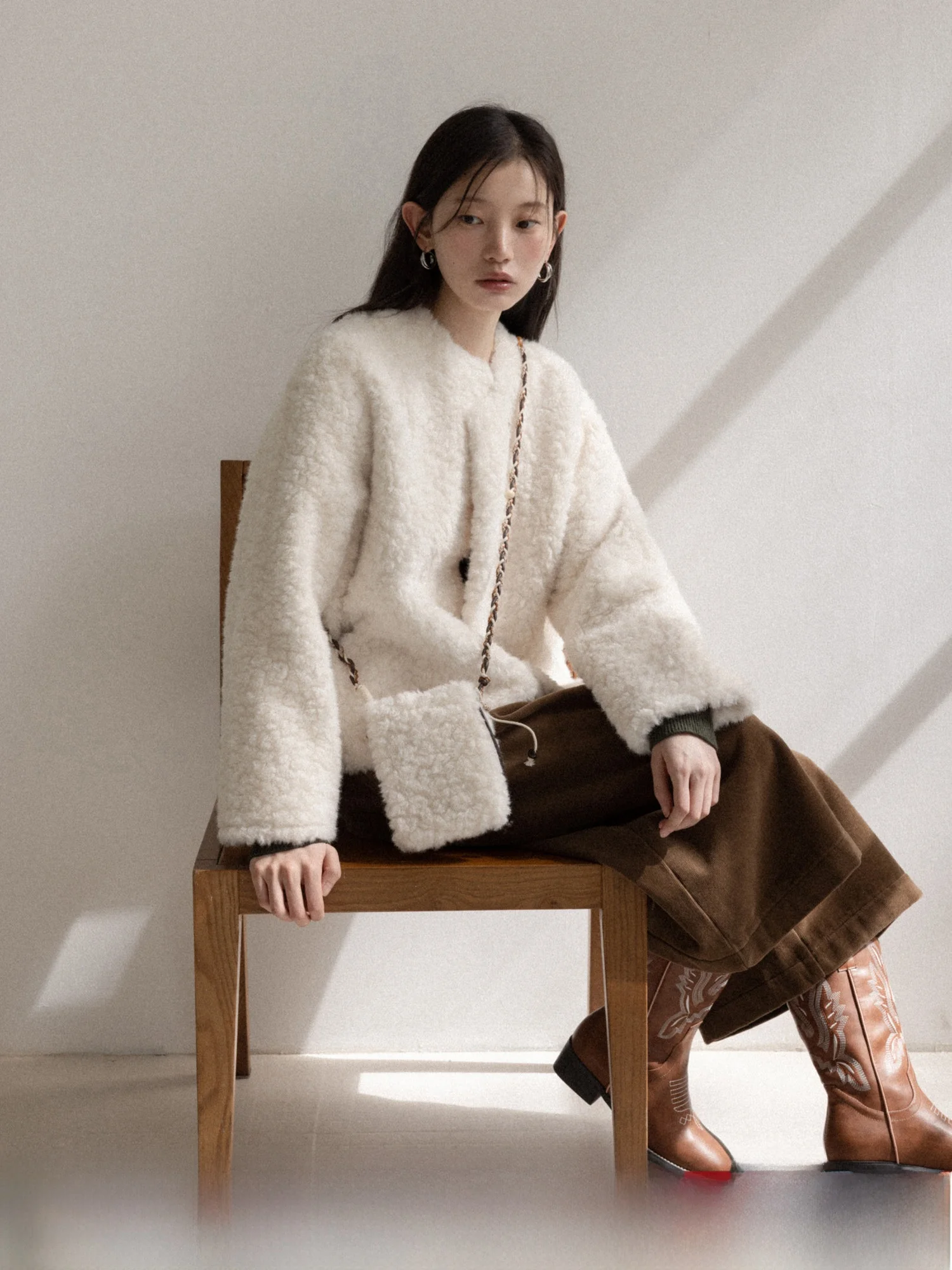 

Canton S ort Fur Leather Inteated Women's Coat Loose Fit Warmth Sle round Ne Button Sve Long Winter Outerwear