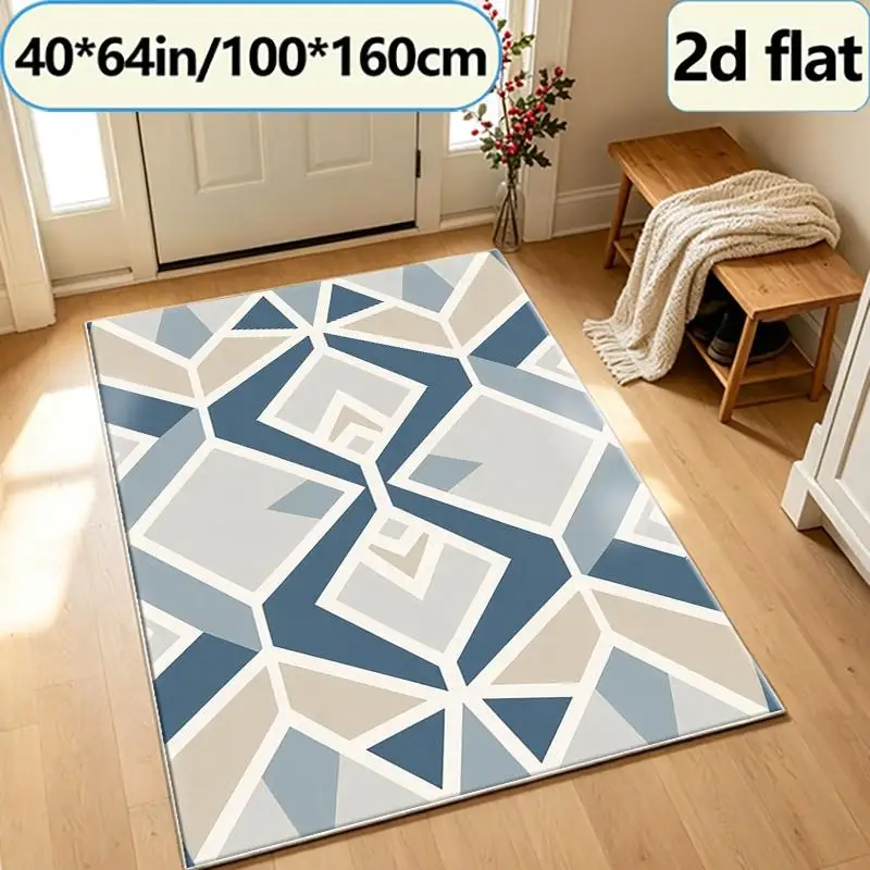 Nordic Tribal Diamond-Shaped Square Carpet Floor Decoration in Blue, Beige, and Gray with Layered Geometric Seamless Pattern, Non-Slip Carpet