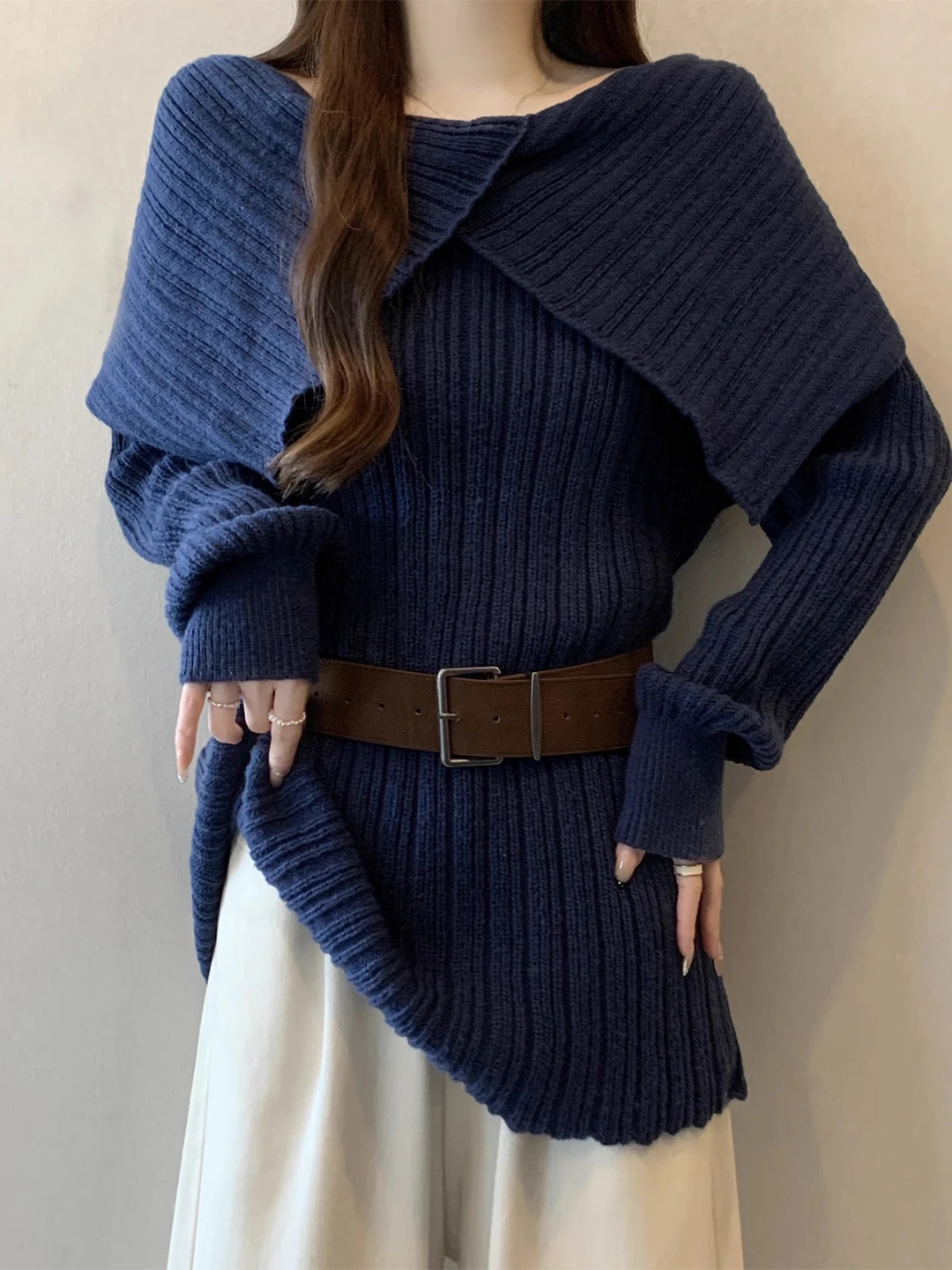 

Ele Blue Long Sve Knitwear Women's plus Size with Belt Waist Cinched Anti-Aging Autumn Winter Faion Ladies Sweater