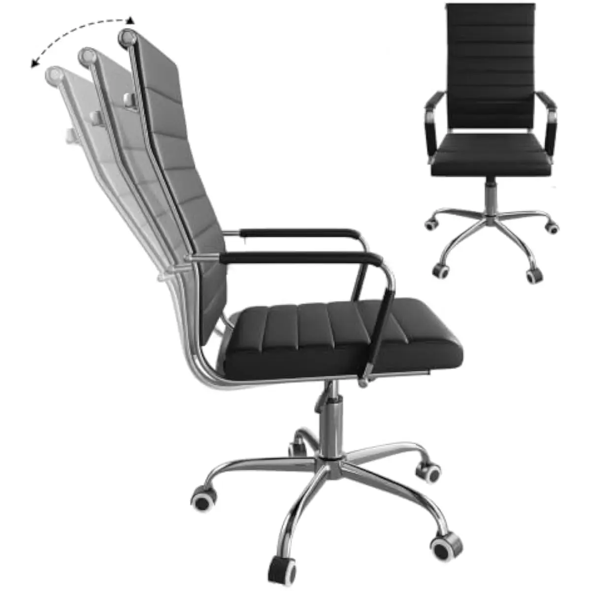 Ergonomic swivel office chair with ribbed mid-back support, adjustable height and tilt, 10-inch contoured cushion, PU leather up