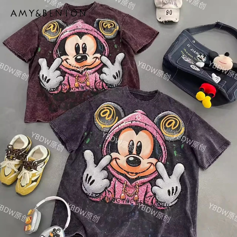

Autumn Winter New Y2k Tees Heavy Industry Washing Water Cartoon Medium And Long Average Size Loose Short-sleeved T-shirts Top