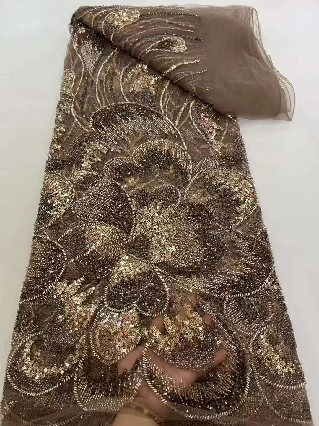 

African Lace Fabric 2025 High Quality Nigerian Lace Beaded Sequins French Net Fabric 5 Yards For Sewing Party Wedding Dresses
