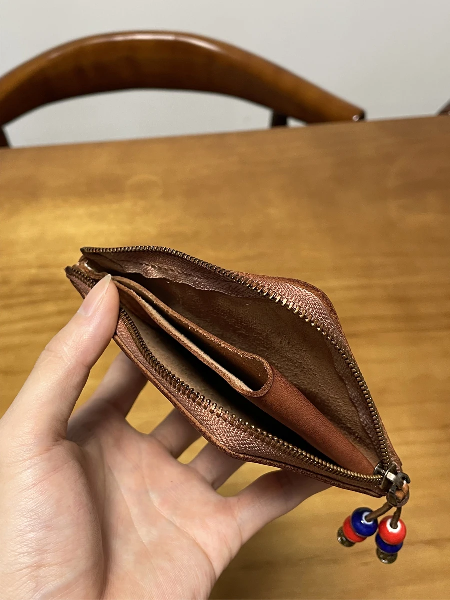 Vintage handmade vegetable tanned cowhide men women coin purse simple fashion high quality real leather driver's license wallet