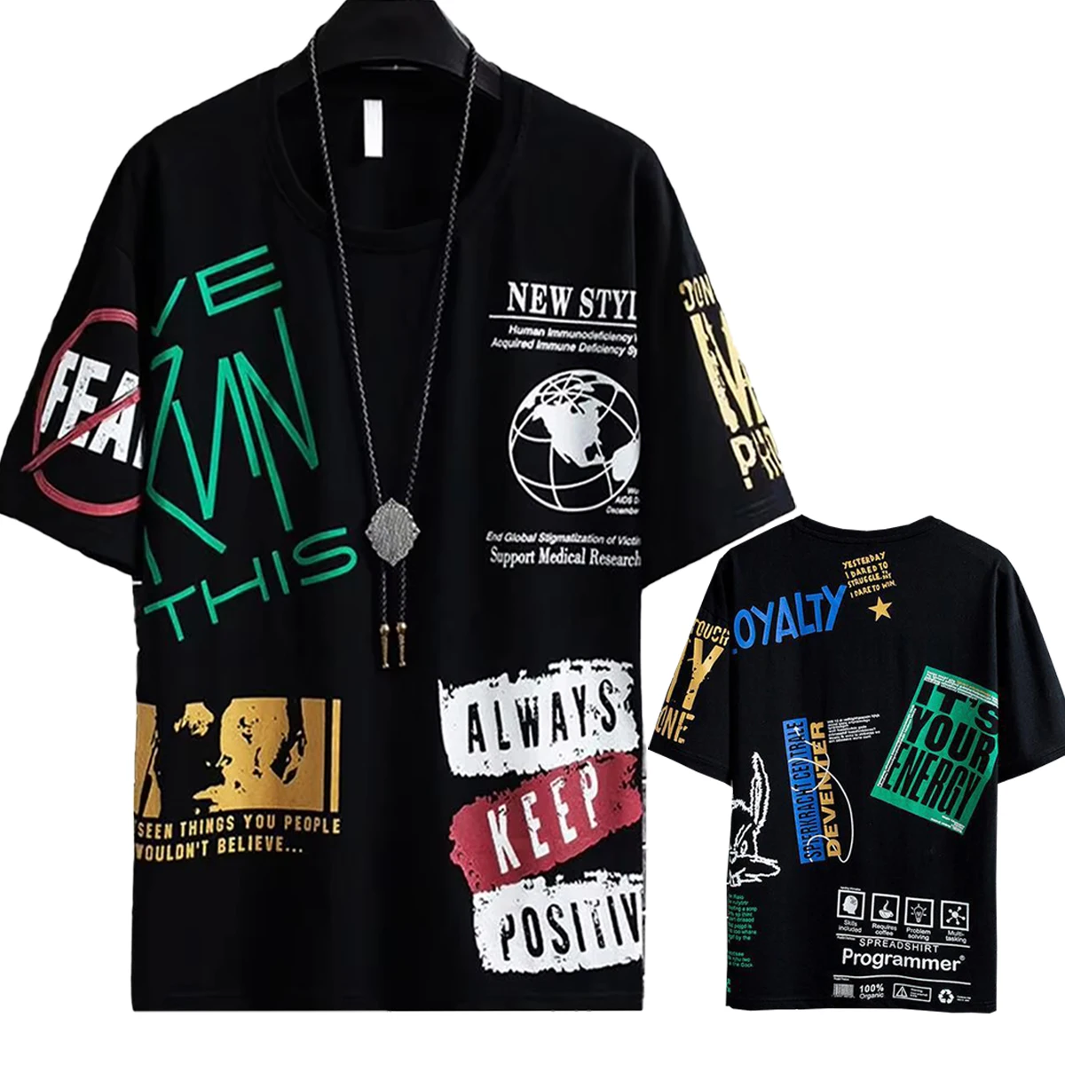 تي شيرت رجالي برقبة دائرية وأكمام قصيرة بنمط مطبوع عصري متوفر باللون الأسود والأخضر بألوان أخرى #3