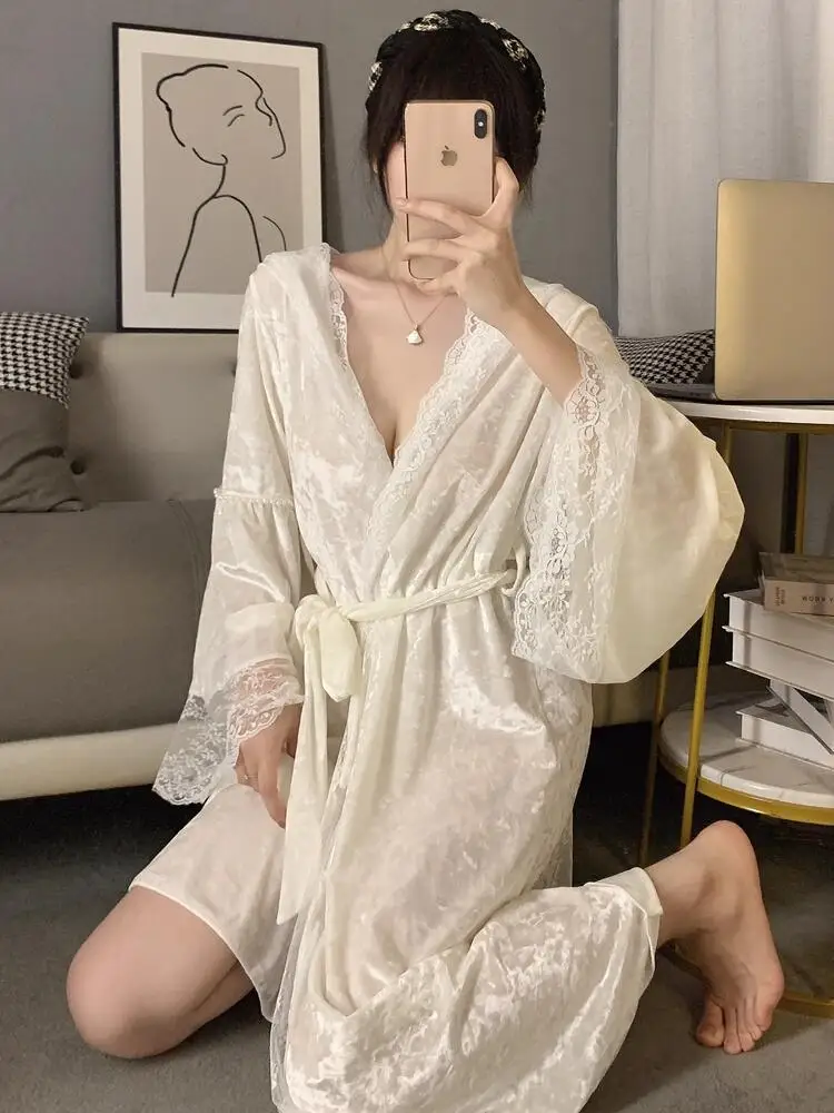 

Female White Sleepwear V-Neck Long Bathrobes Ladies Nightgown Soft Silk Dressing Gown Bathrobe For Wome Casual Sleepwear Set