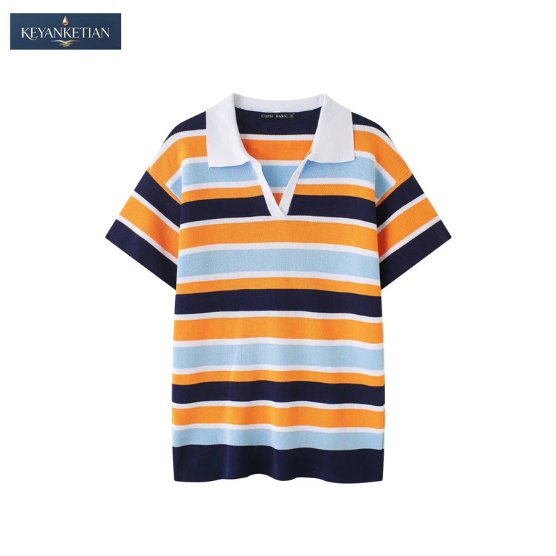 KEYANKETIAN 2026 Casual Striped Knit Polo Shirt Women Collared Short Sleeve V-Neck Loose Fit Multicolor Summer Top