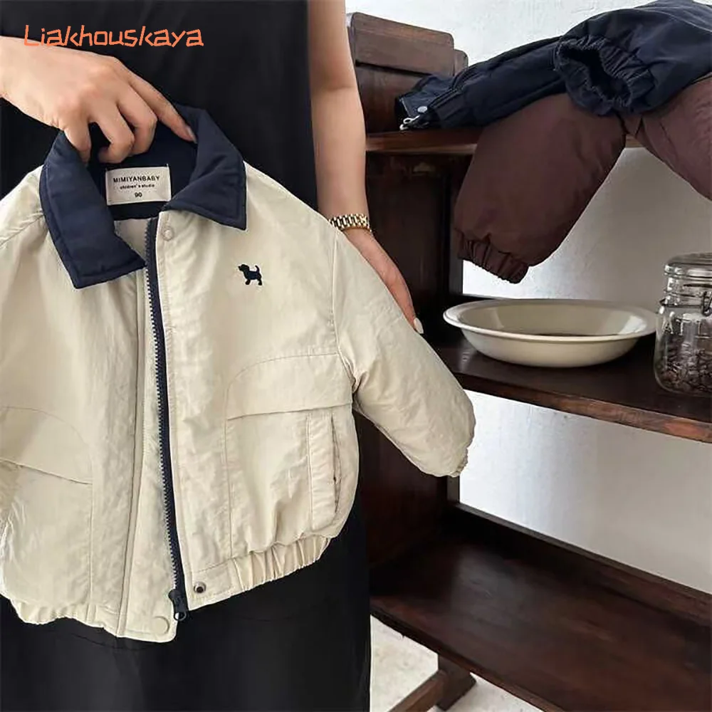 2025 Autumn Winter Kids Cotton Padded Jacket Cartoon Dog Baseball Uniform Turn-down Collar Jackets for Baby Boys Girls Outerwear