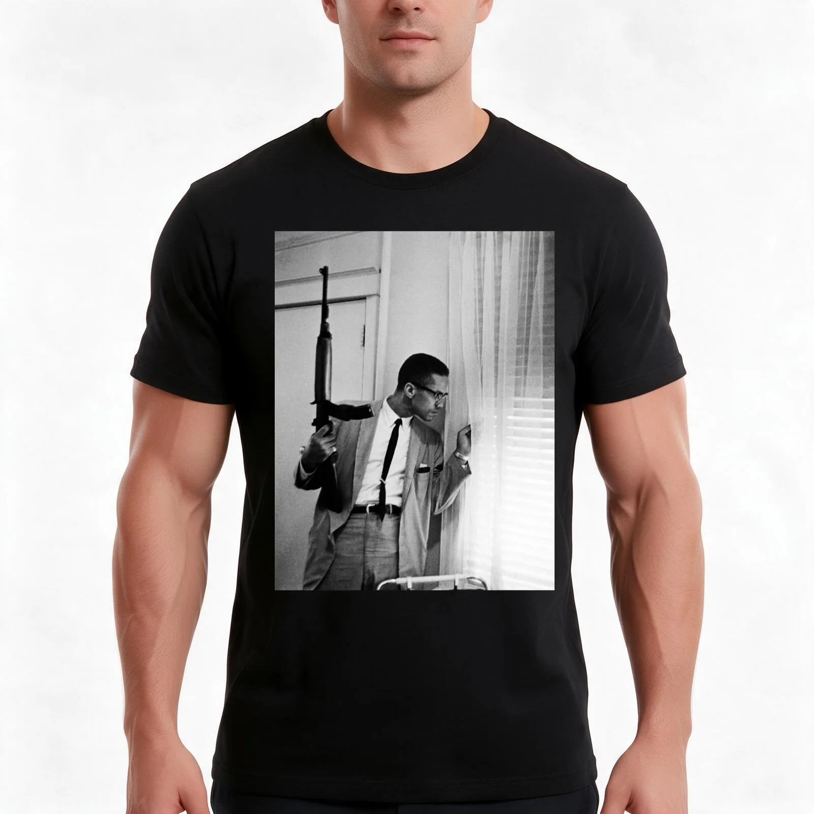 Malcolm With Gun T-Shirt, Summer Casual Cotton Tee, Oversized Streetwear Tops, Vintage Graphic Print, Loose Fit Short Sleeve