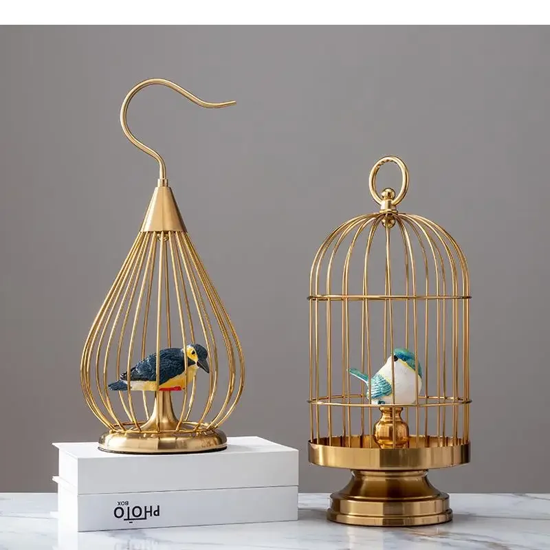 Golden Birdcage Artwork Simulation Bird Decorative Ornaments Desk Decor Crafts Furnishings Cage Nordic Home Decoration