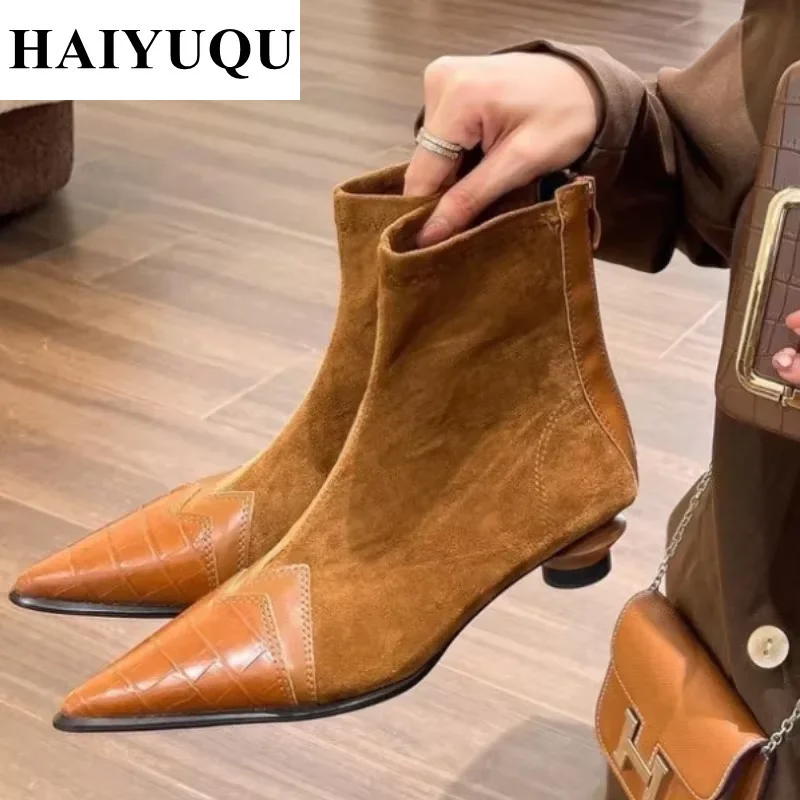 Pointed Toe Women Ankle Boots Fashion Heels Shoes Autumn Winter 2024 Trend Suede Chelsea Short Boots New Brand Snow Botas Mujer