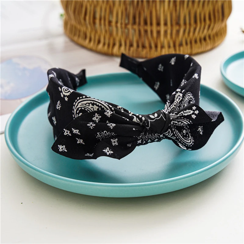 Women Boho Floral Printed Cross Knot Hair Hoop Vintage Elegant Bow Wide Headbands Female Retro Headwear Hair Accessories