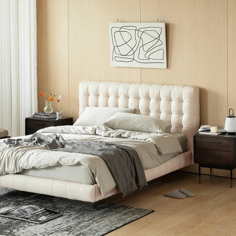 Cream Wind Bed Italian Minimalist Double Bed Modern Minimalist Leather Bed Suspension Bed Solid Wood Leather Bed