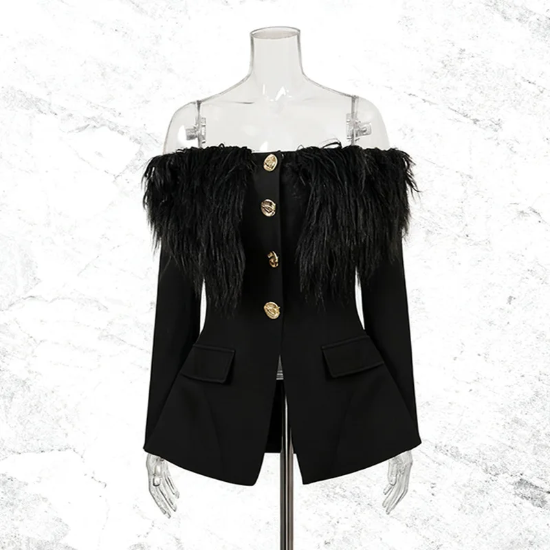 High Street Blazers Women's New One Shoulder Feather Metal Buckle Decorative Waist Slimming Long Sleeve Suits Coat